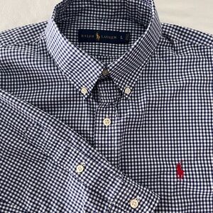 RALPH LAUREN Blue & White Gingham Check 100% Cotton Oxford Men Shirt Red Pony
